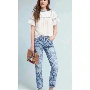 ANTHROPOLOGIE PILCRO AND THE LETTERPRESS SLIM BOYFRIEND FADED DENIM FLORAL JEANS